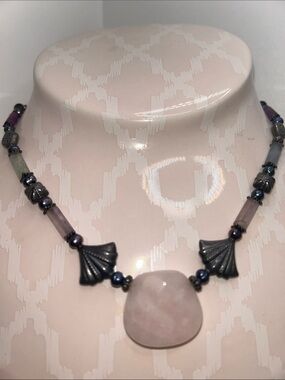 Vintage Rose Quartz Pendant Necklace with Dark Metallic Accents Signed ISRAEL
